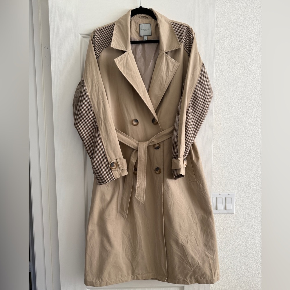 Tan Trench Coat with Houndstooth Sleeves